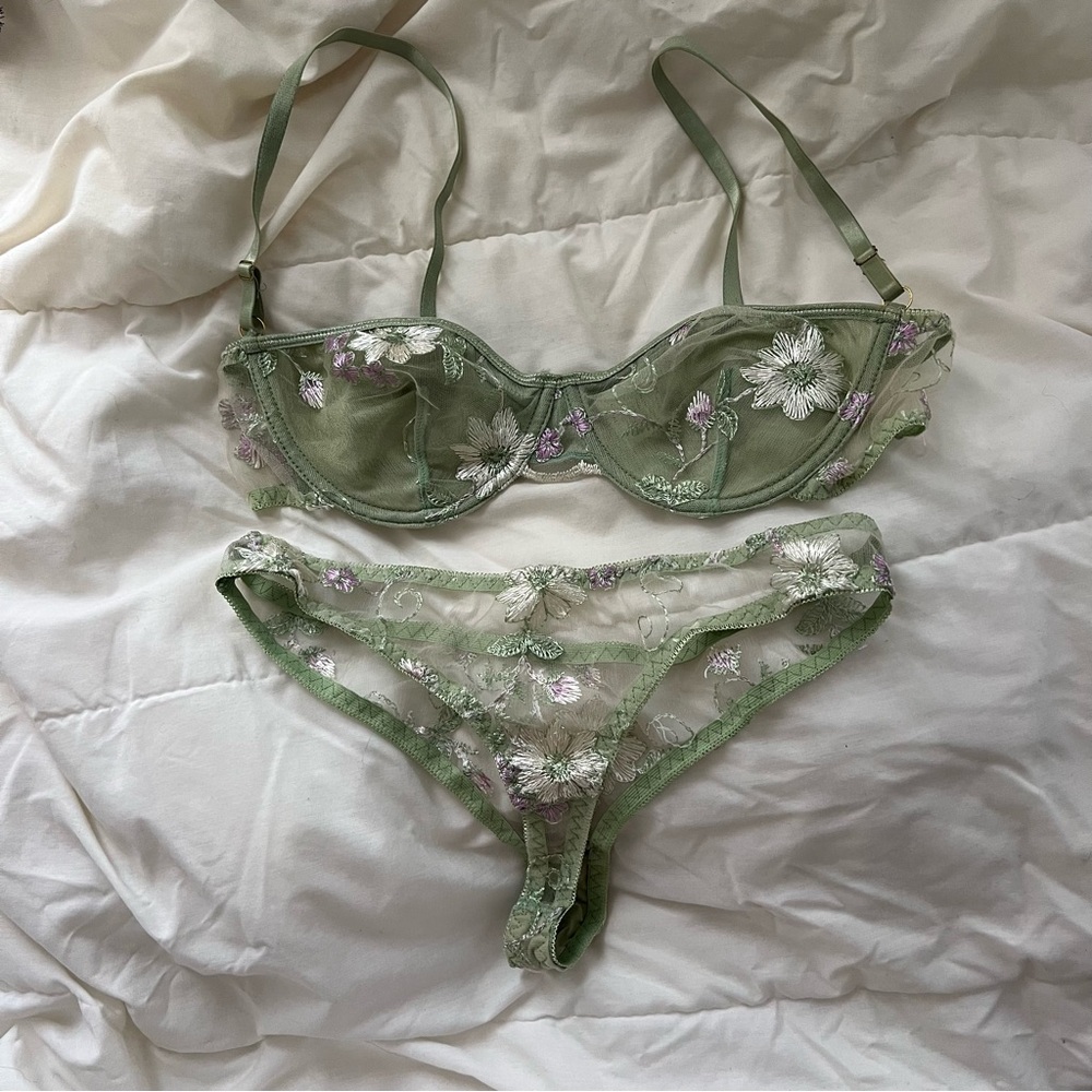 Floral Embroidered Green Lingerie Set